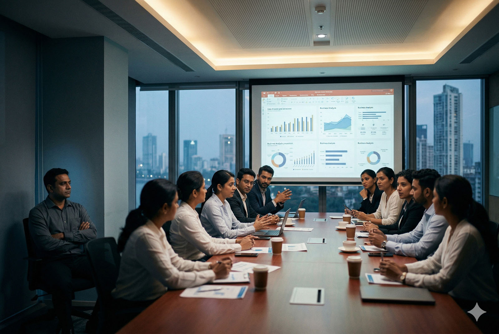 A man sits apart in shadow with arms crossed while colleagues engage animatedly around a boardroom data dashboard