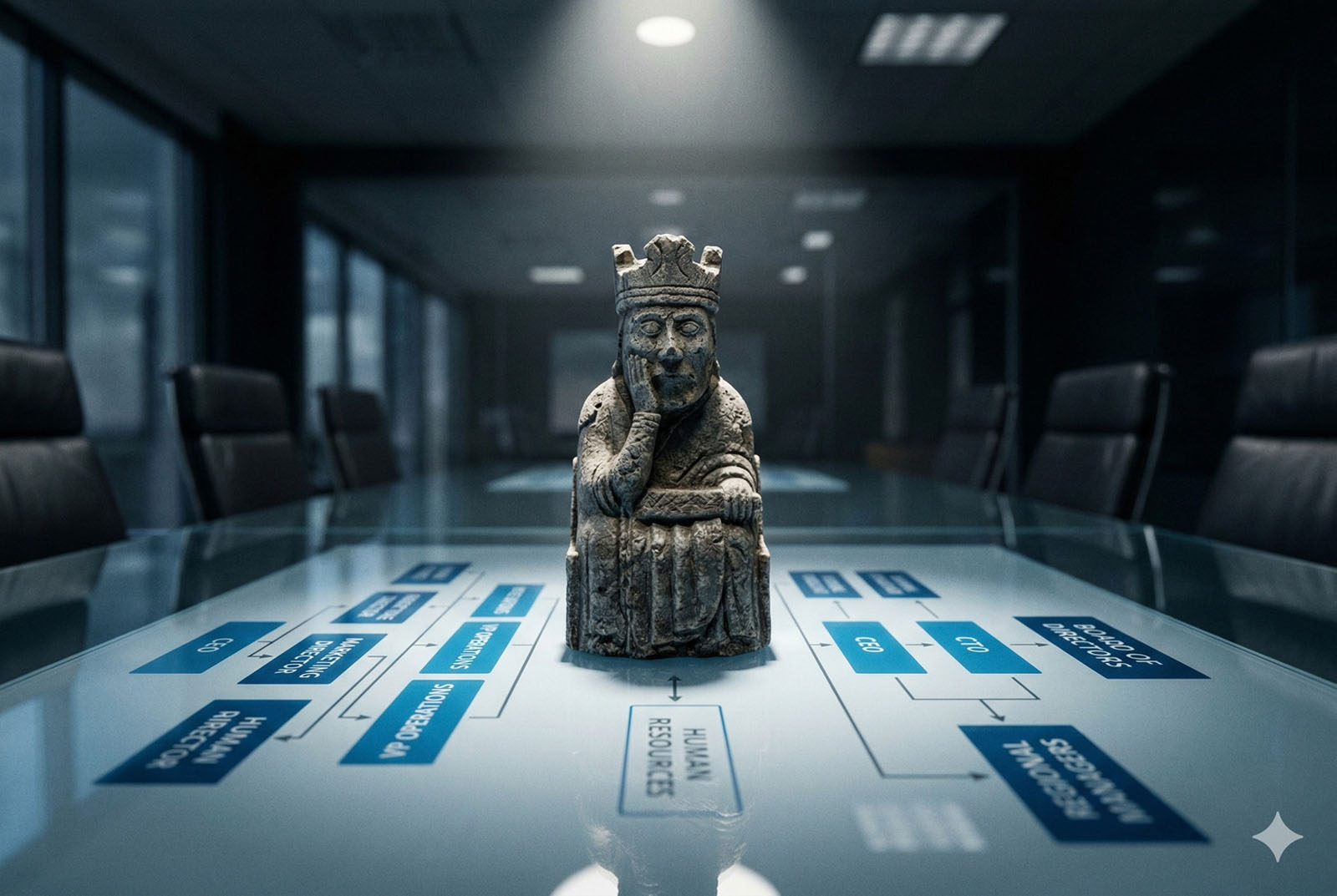 An ancient stone chess-king piece stands on a glass boardroom table overlaid with a corporate org-chart hierarchy